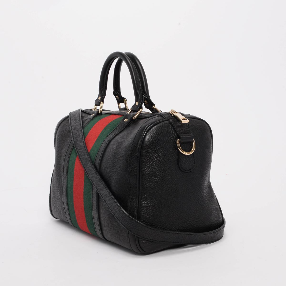 Gucci Black Grained Calfskin Vintage Web Medium Boston Bag