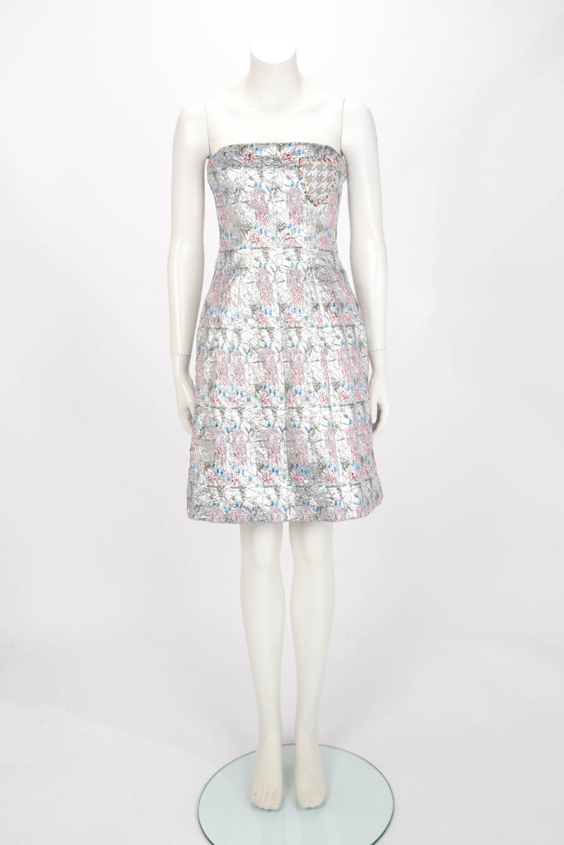 Dior Silver Floral Embroidered Bustier Badge Evening Dress FR 38