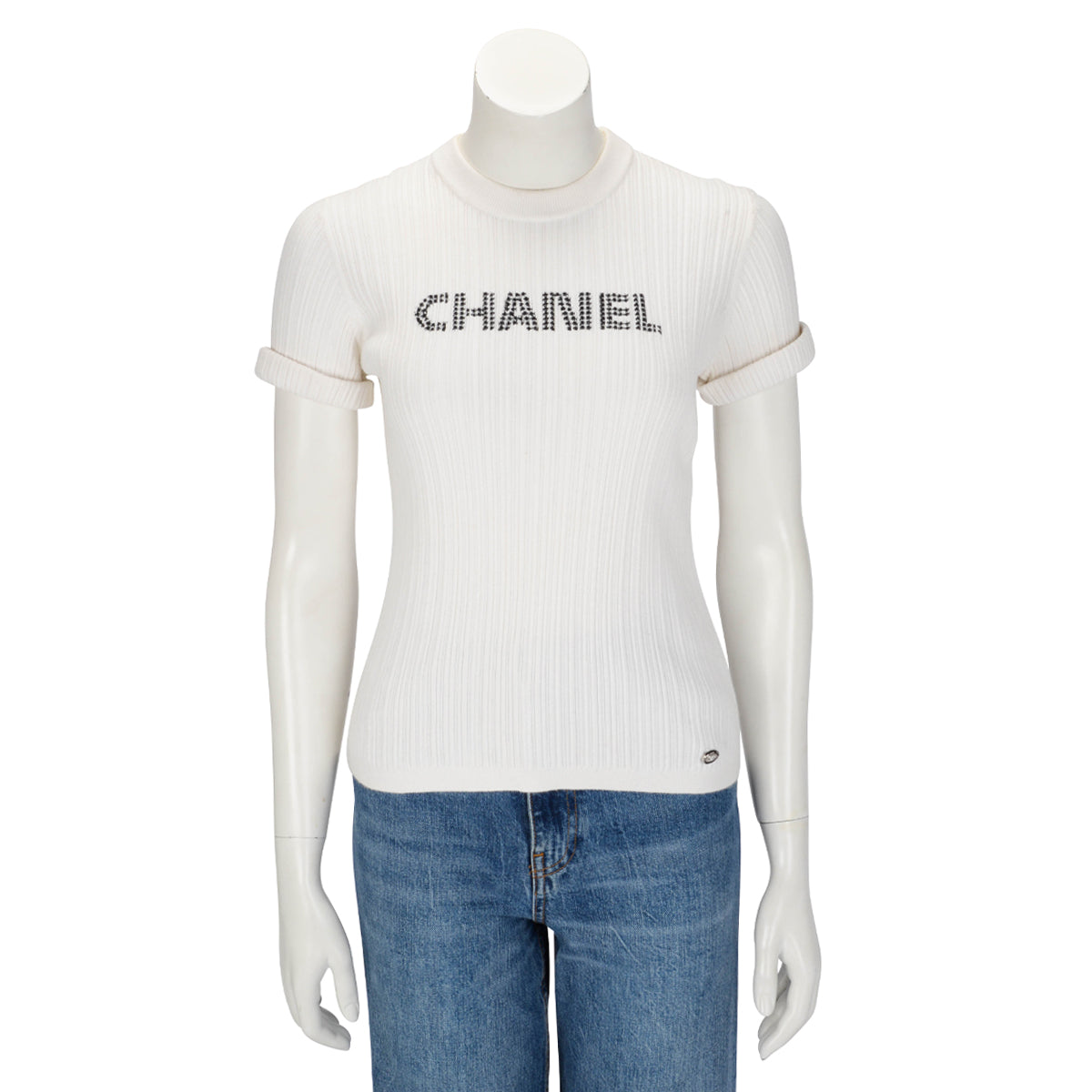 Chanel White Ribbed Cotton Logo Knit Top