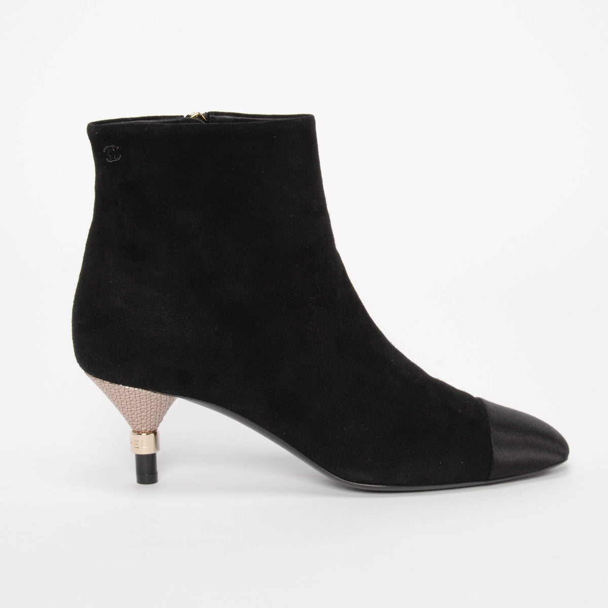 Chanel Black Suede & Satin Cap Toe Short Boots 38.5