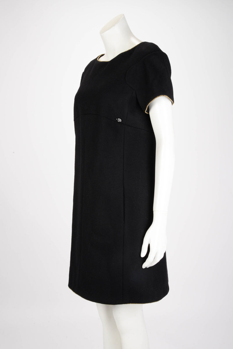 Chanel Black Felted Wool Gold Braided Dress FR 42