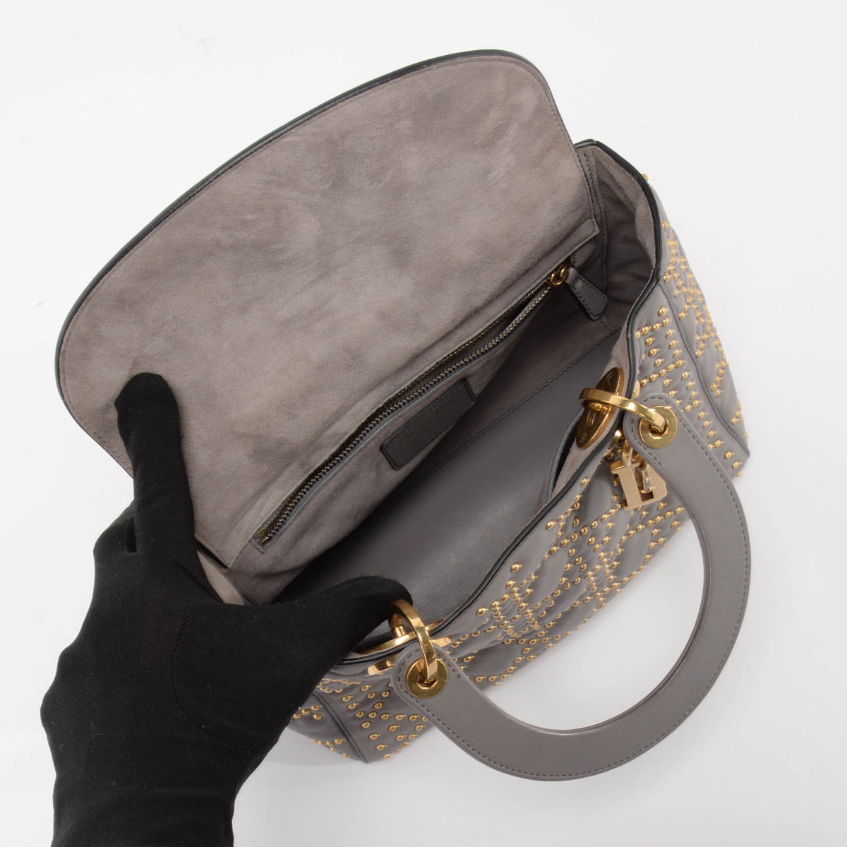 Dior Grey Studded Leather Medium Supple Lady Dior Bag