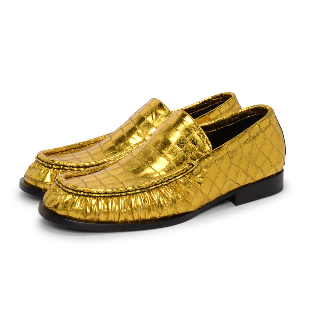 Dries Van Noten Gold Croc Embossed Loafers 38.5