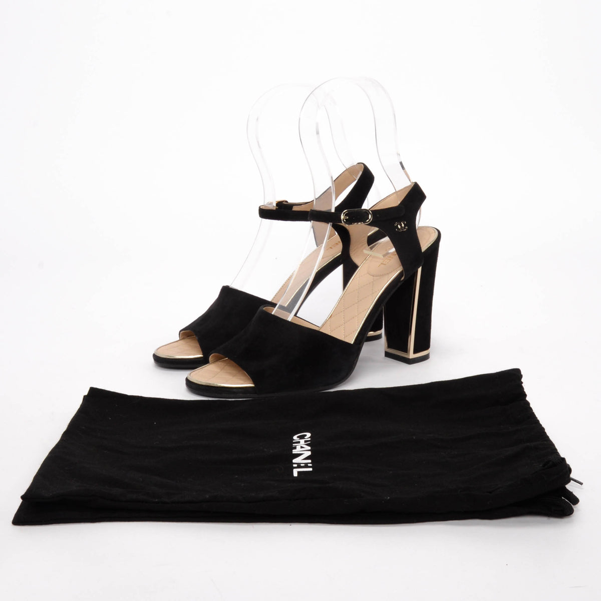 Chanel Black Suede Gold Trim Sandals 40