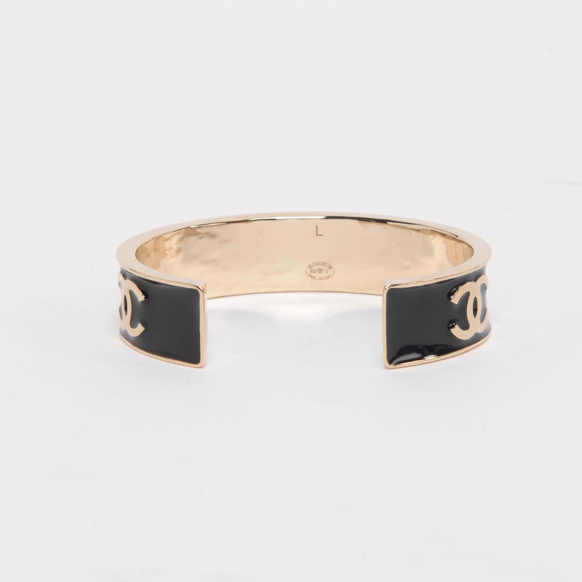 Chanel Light Gold & Black Enamel Logo Cuff Bracelet