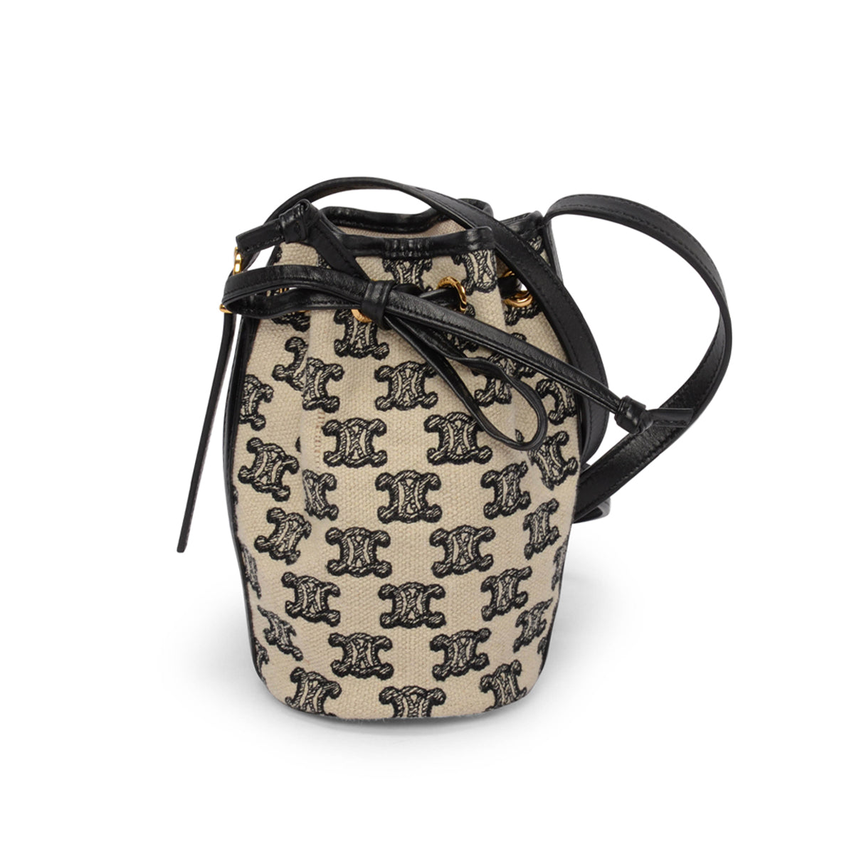 Celine Ecru & Black Triomphe Canvas Micro Drawstring Bucket Bag