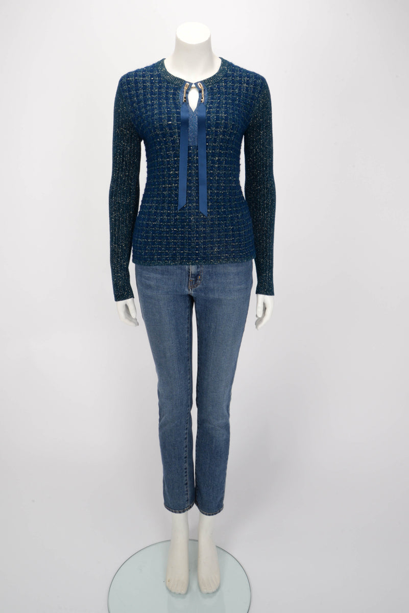 Chanel Blue & Gold Lurex Knit Chain Drawstring Sweater FR 38
