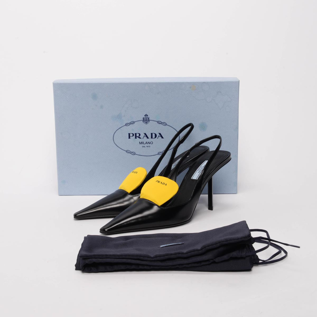 Prada Black Hi-Shine Logo Print Slingback Pumps 36