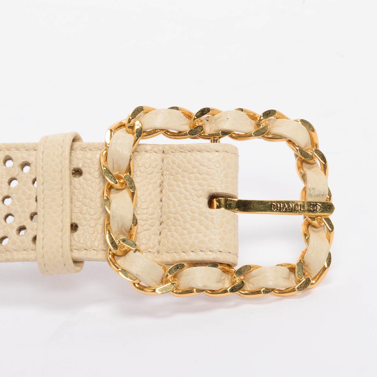 Chanel Cream Caviar Leather Perforated CC Belt