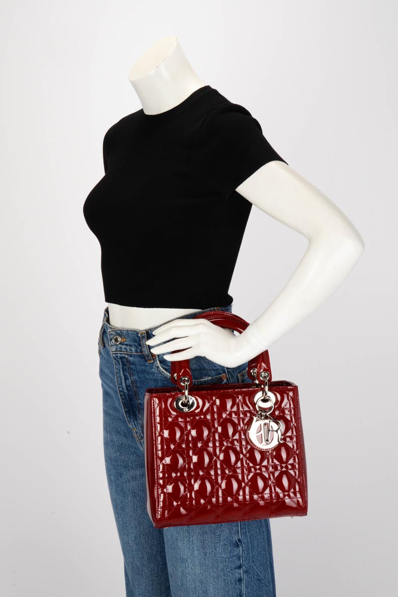 Dior Cherry Red Patent Cannage Medium Lady Dior Bag