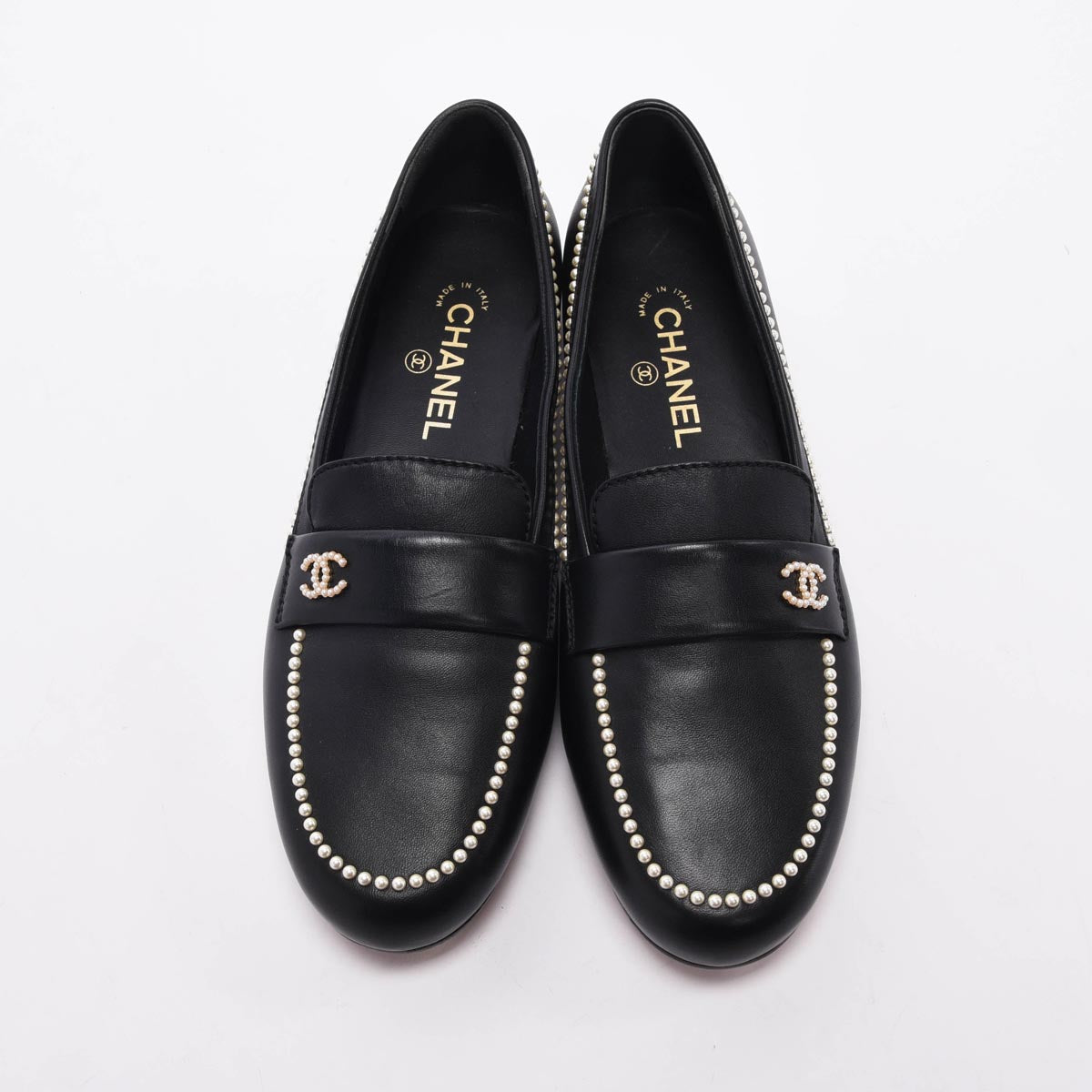 Chanel Black Lambskin Pearl CC Loafers 42