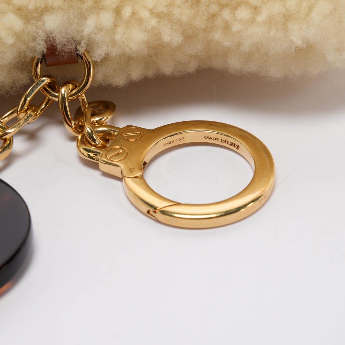 Celine Beige Shearling Triomphe Pom-Pom Key Ring