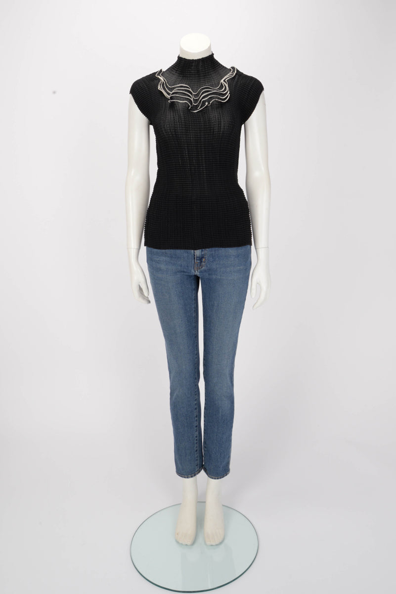 Issey Miyake Fete Black Ribbon Pleated Ruffle Collar Top