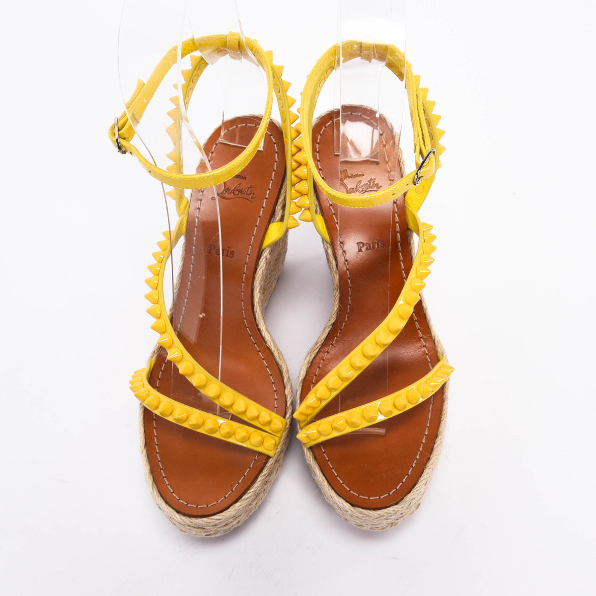 Christian Louboutin Yellow Raffia Mafaldina Zeppa Studded Wedges
