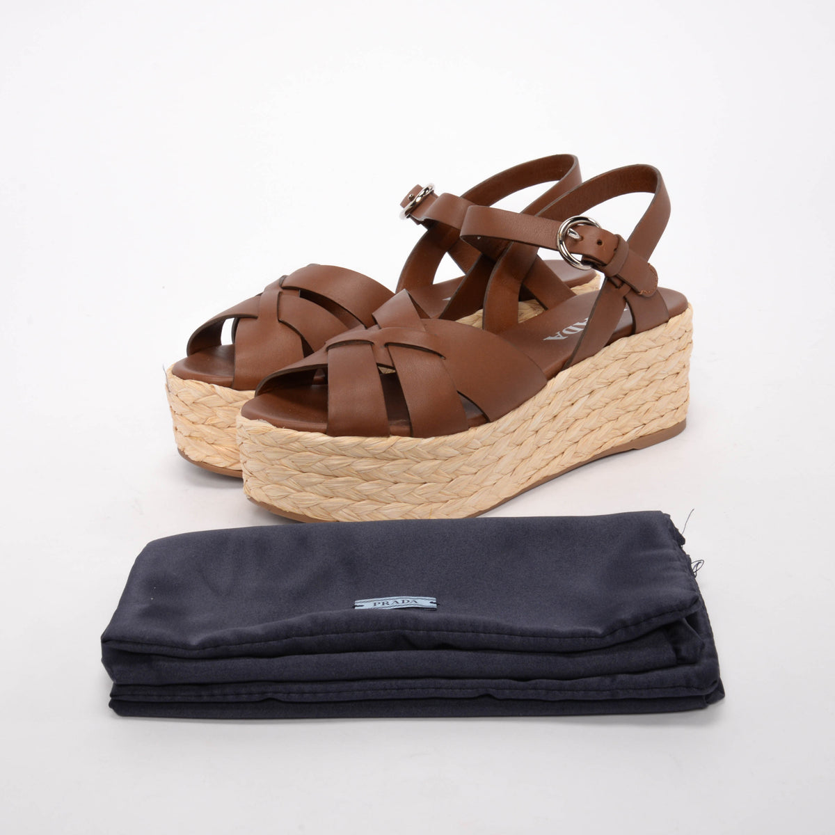 Prada Brown Calfskin & Raffia Espadrille Wedges 38