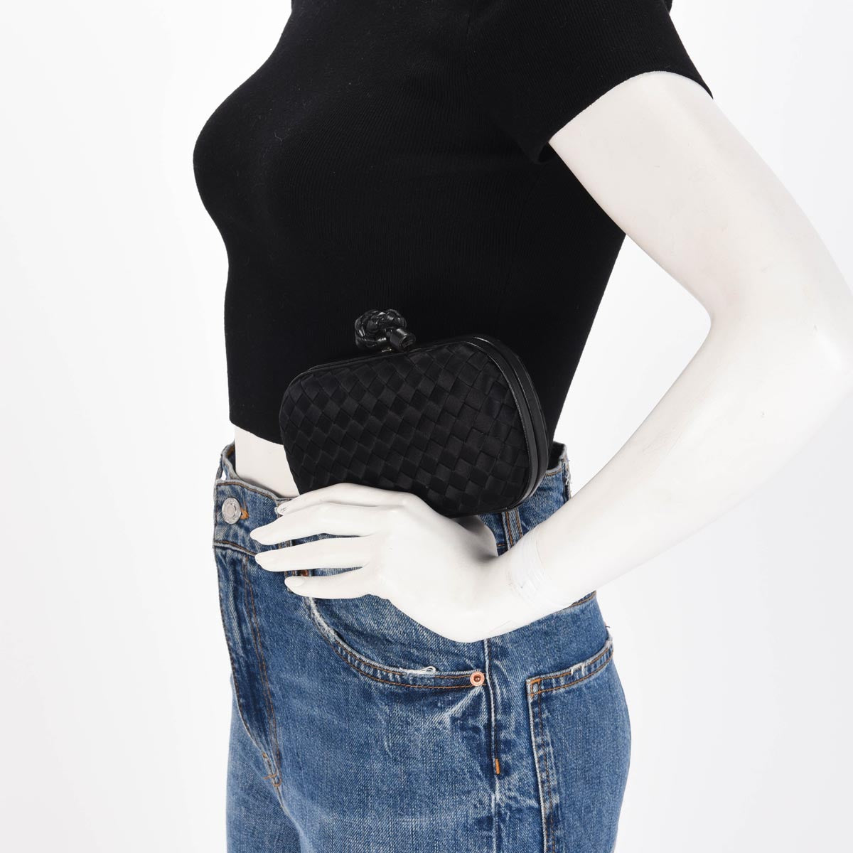 Bottega Veneta Black Satin Intrecciato Knot Clutch