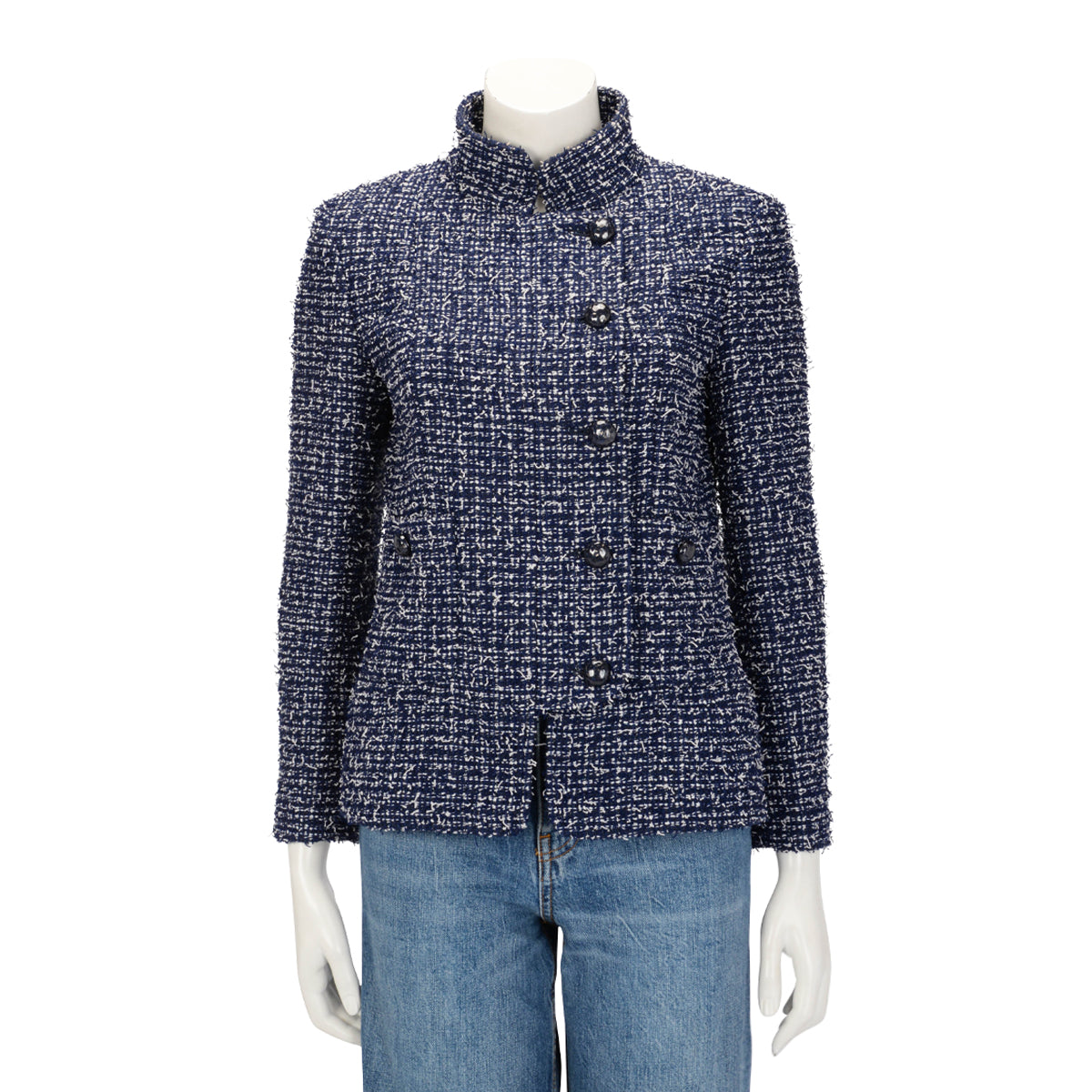 Chanel Navy & White Fantasy Tweed Military Collar Jacket FR 40