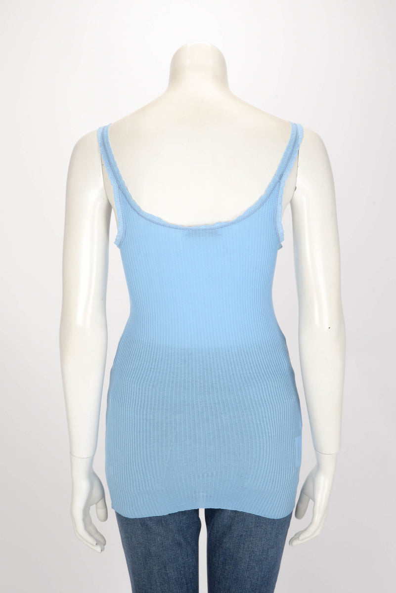 Prada Blue Ribbed Knit Lace Trim Logo Singlet IT 44