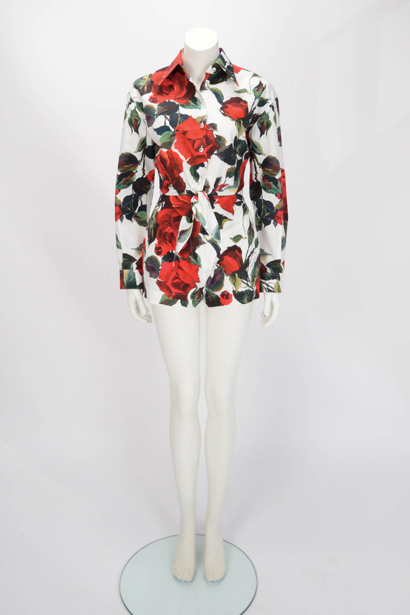 Dolce & Gabbana White Cotton Rose Print Shirt & Shorts 38