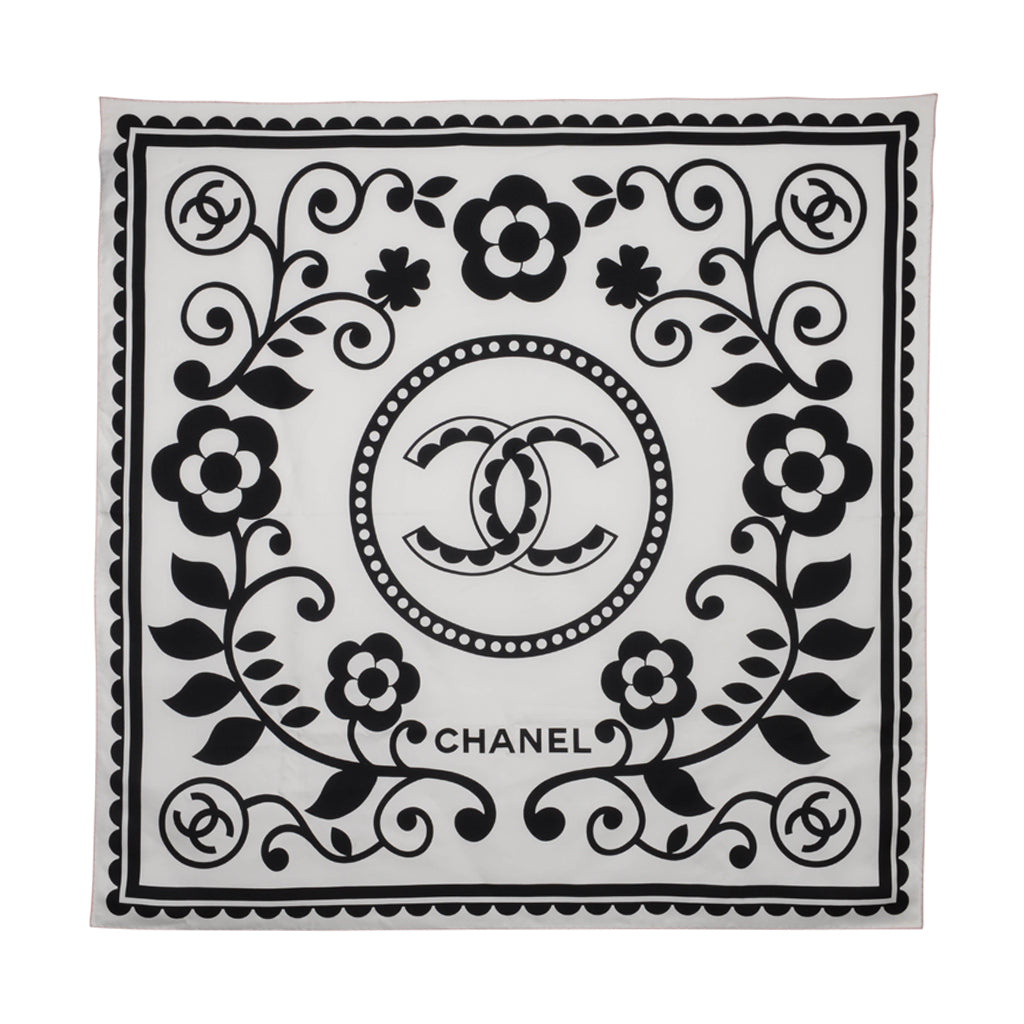 Chanel White & Black Silk CC Floral Scarf
