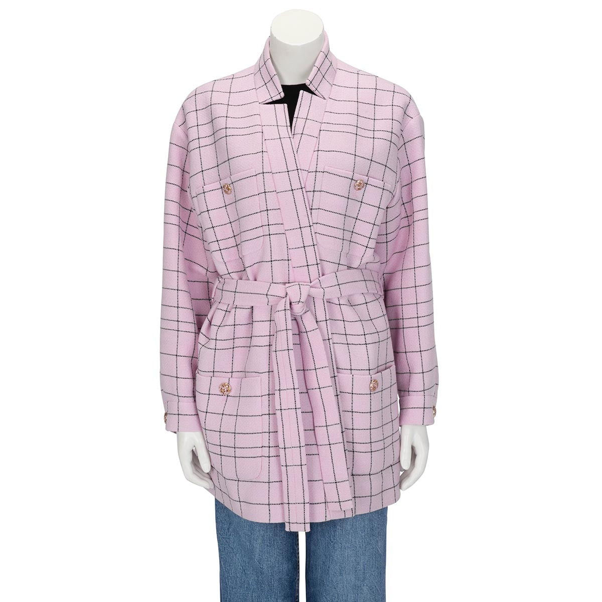 Chanel Pink Wool Check Self Belt Jacket FR 38