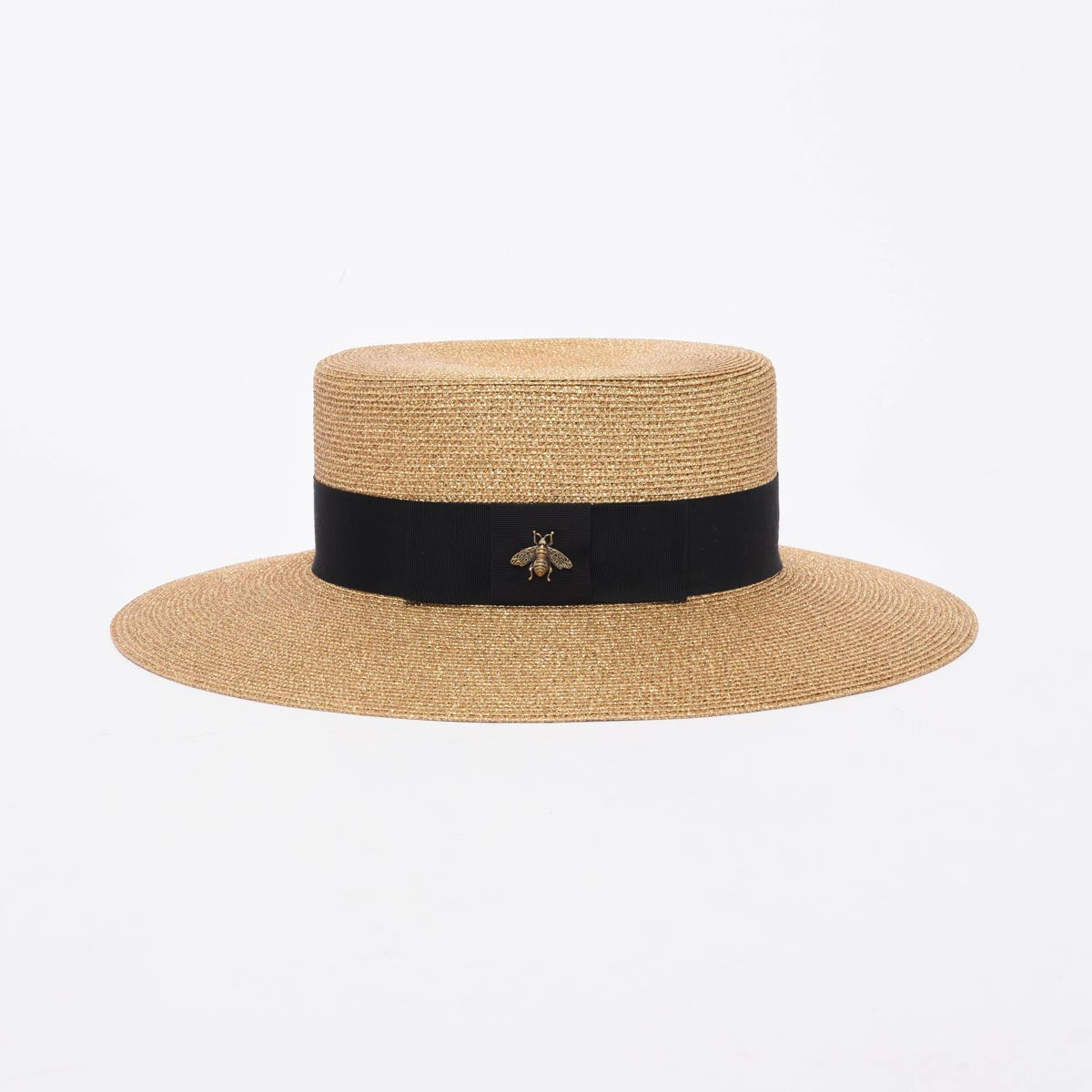 Gucci Gold Straw Bee Embellished Boater Hat