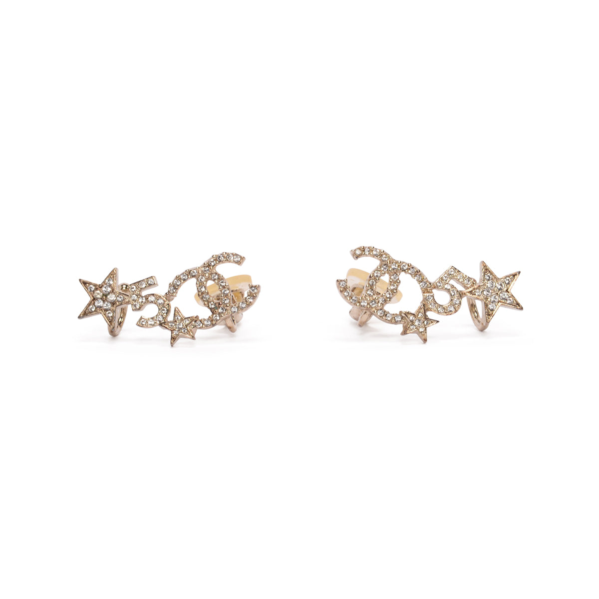 Chanel Light Gold Crystal CC Star Cuff Earrings