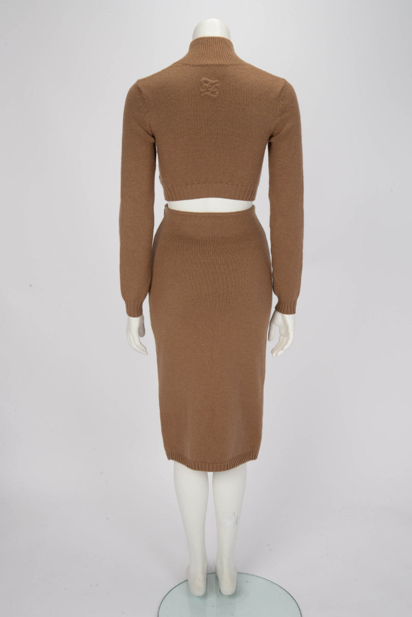 Fendi Brown Cashmere Karligraphy Embossed Cropped Sweater Set