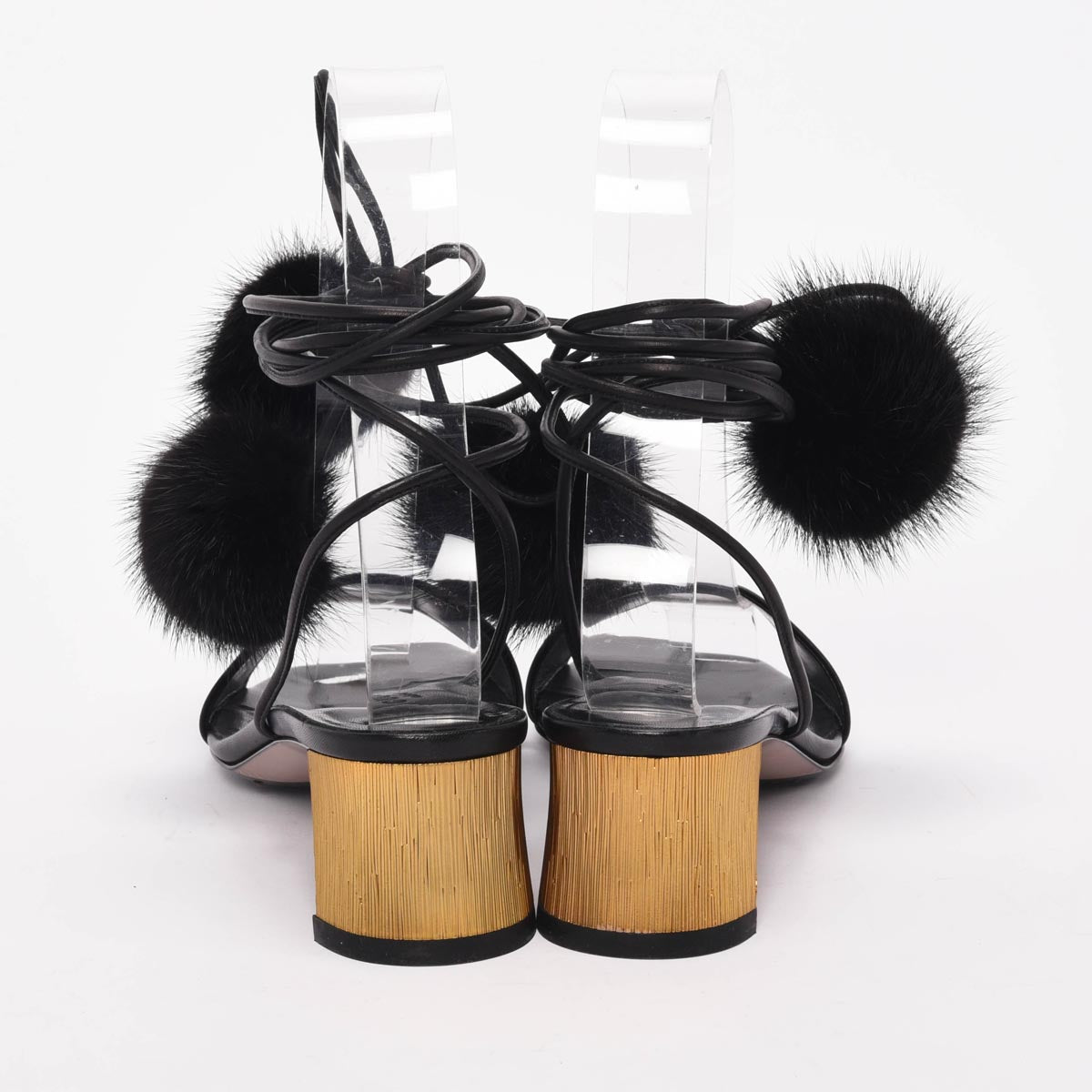 Gucci Black Fur Heloise Pom Pom Sandals 35.5