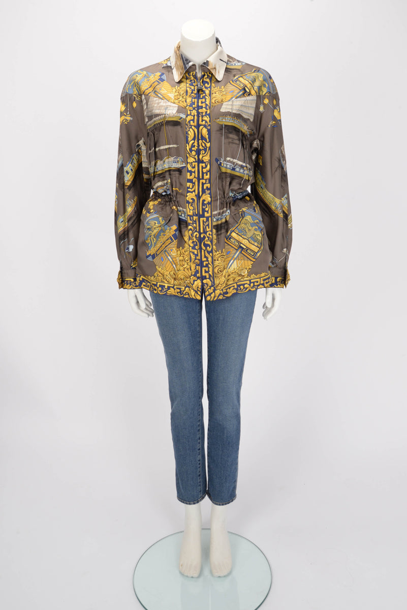Hermes Brown & Cream Silk Jonques et Sampans Reversible Jacket FR 40