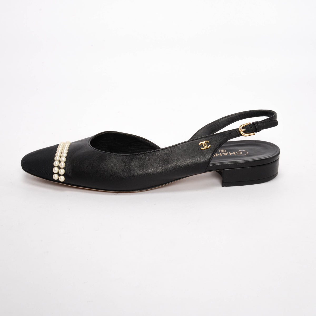 Chanel Black Lambskin Pearl Cap Toe CC Slingback Flats 40