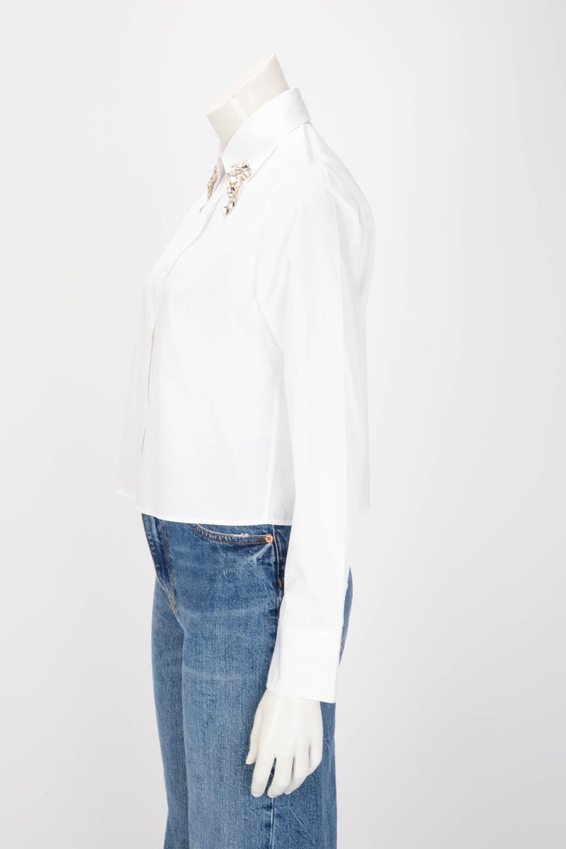 Prada White Cotton Crystal Embroidered Poplin Shirt IT 36