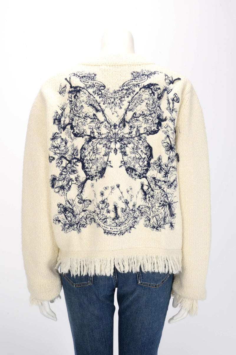 Dior Ecru Wool Dioresque Butterfly Frayed Edge Cardigan FR 40