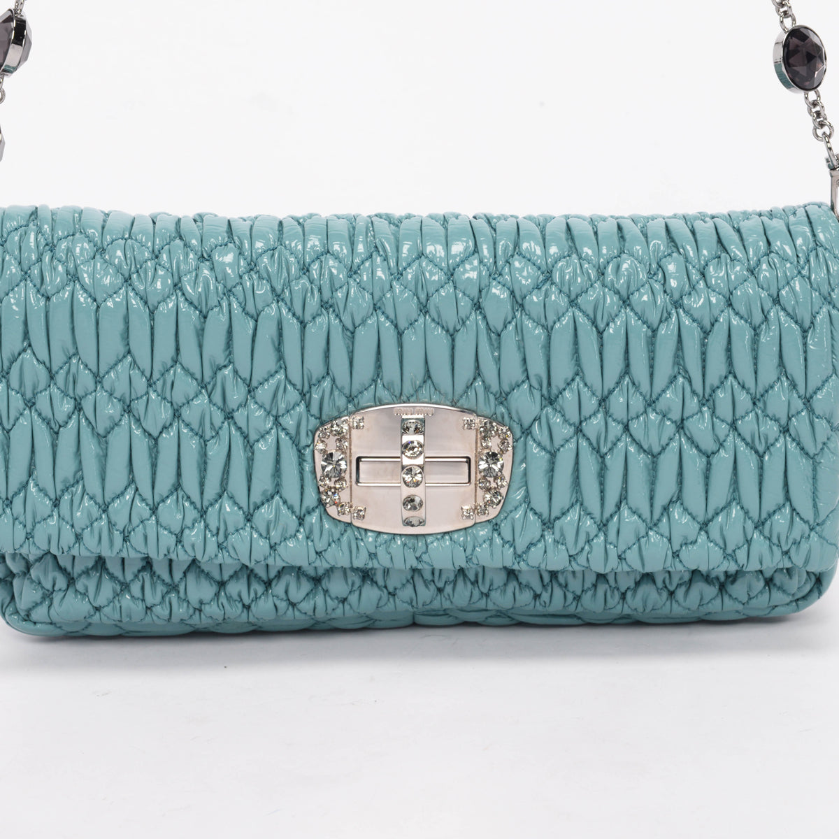 Miu Miu Mint Patent Matelasse Crystal Cross Body Bag