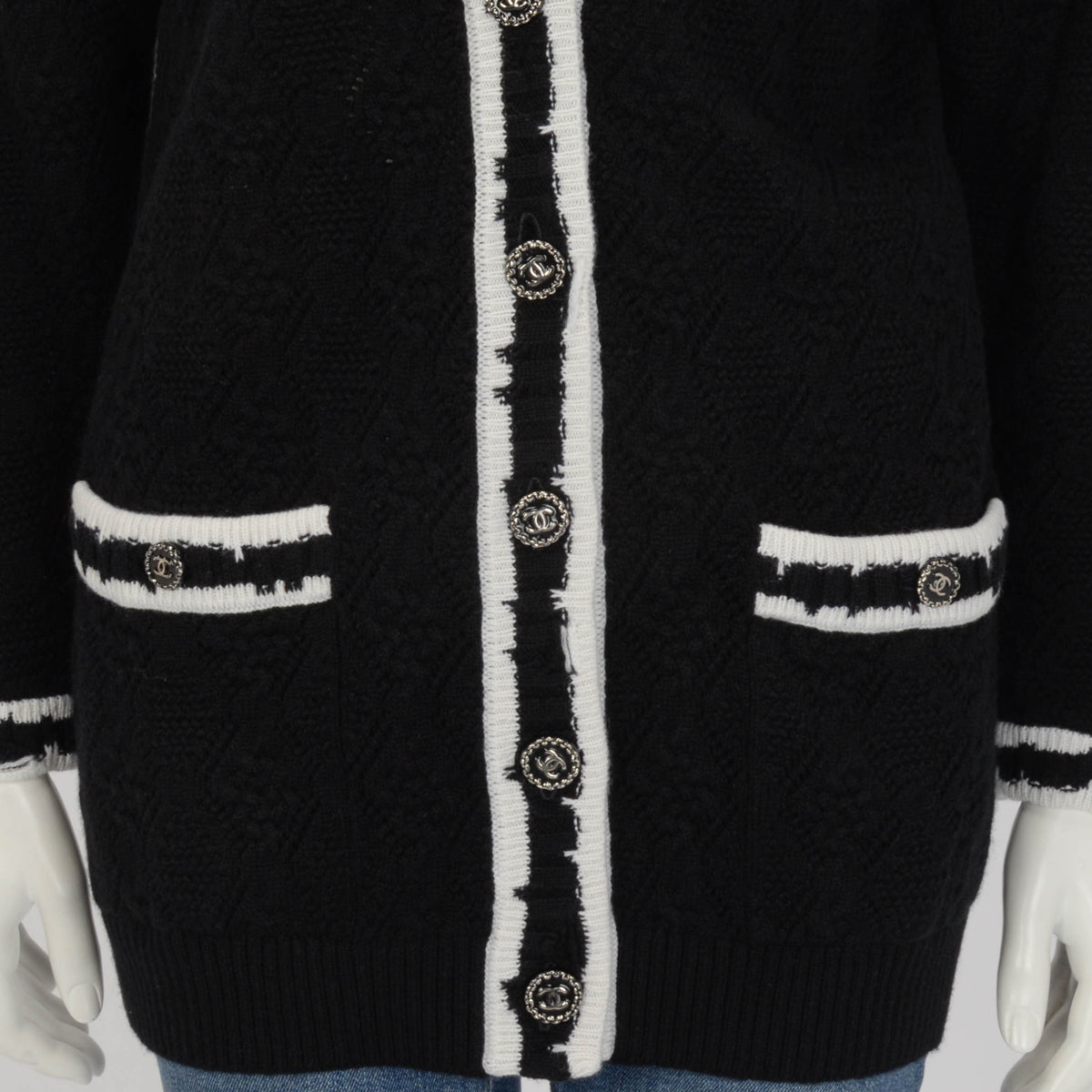 Chanel Black & White Cashmere Knit Striped CC Cardigan FR 38