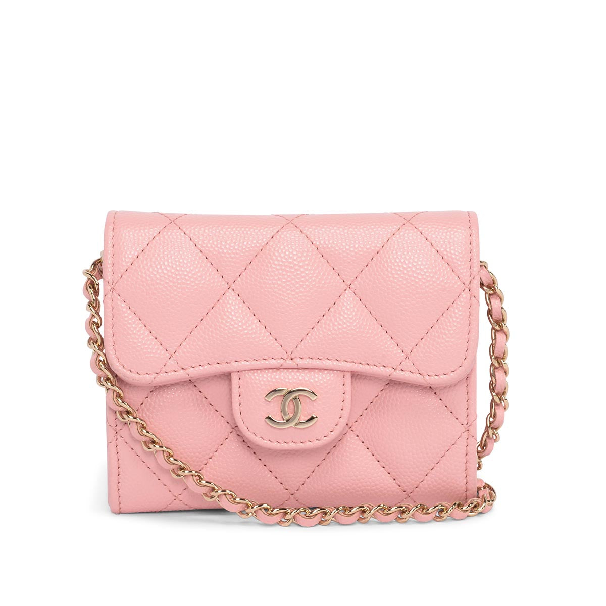 Chanel Pink Quilted Caviar Classic CC Card Holder on Chain