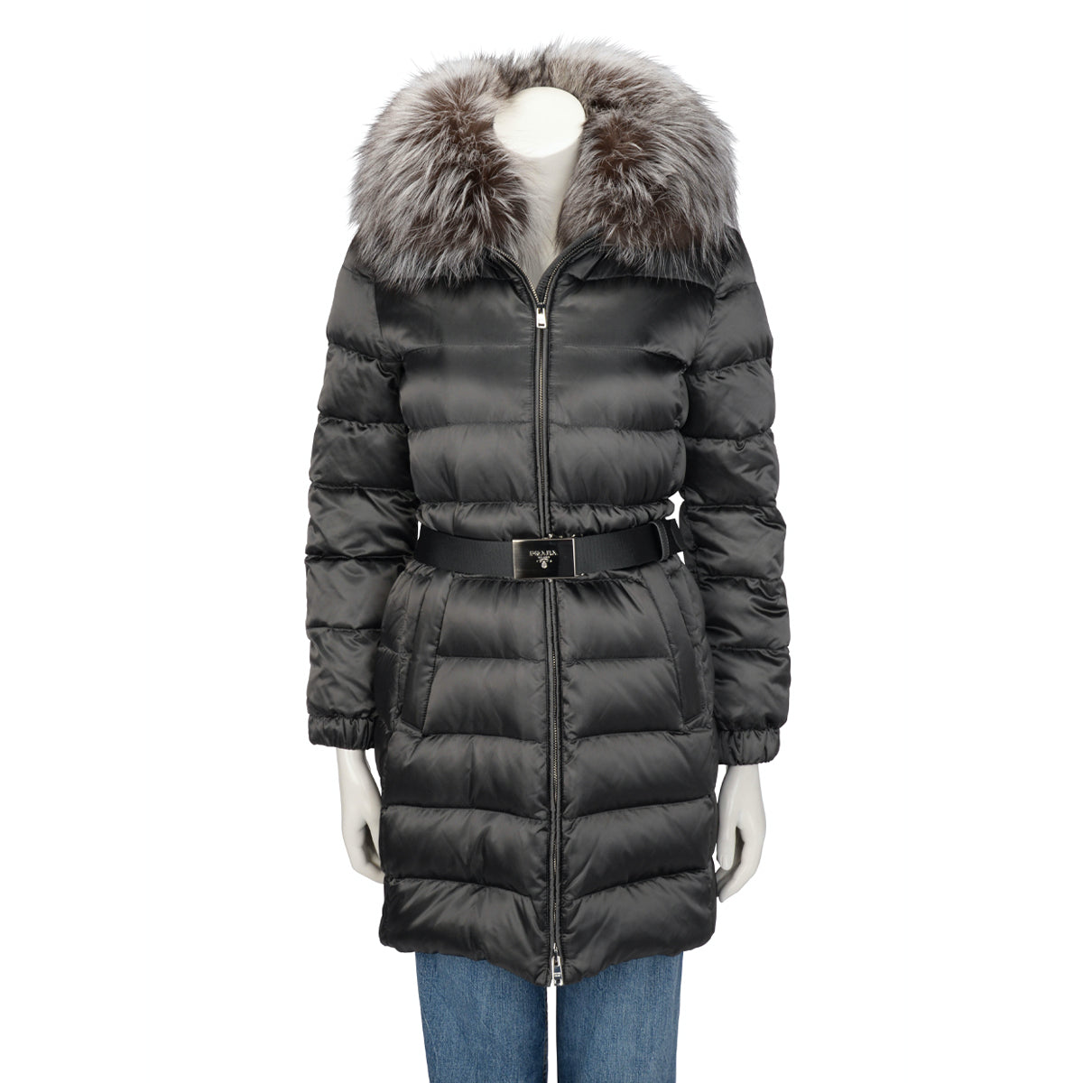 Prada Grey Nylon Belted Fur Trim Hood Puffer Jacket IT 40