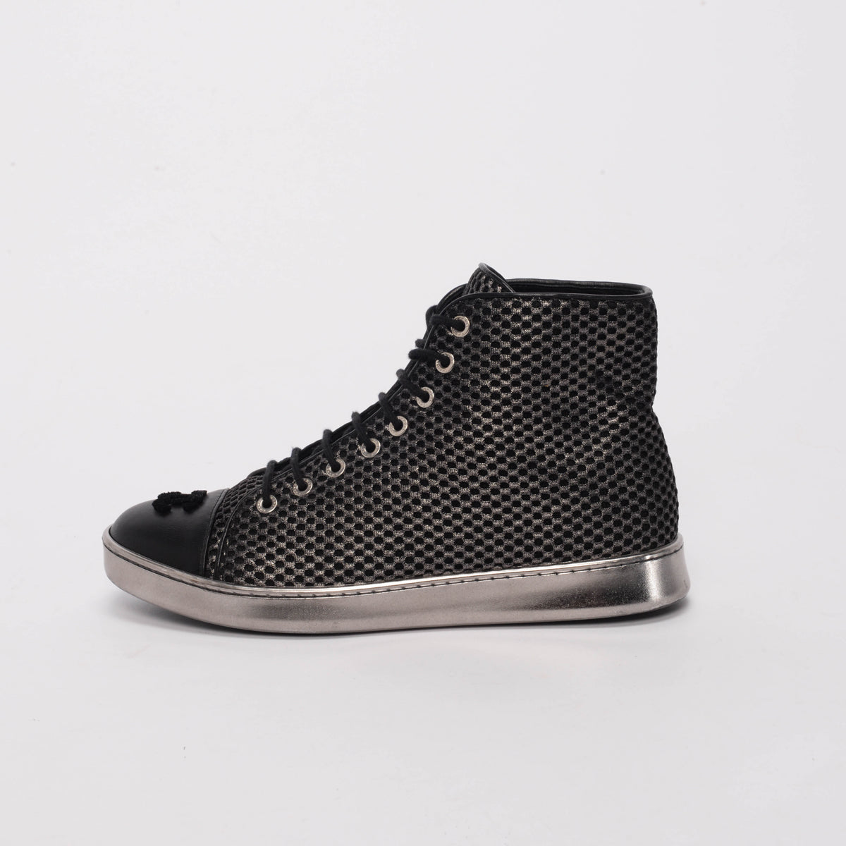 Chanel Metallic Black Lambskin & Mesh CC High Top Sneakers 37.5