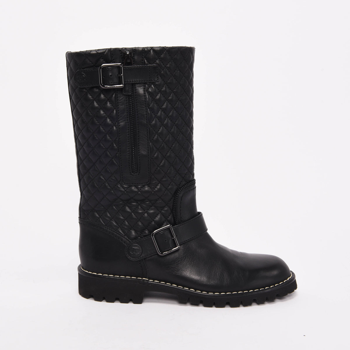 Chanel Black Quilted Calfskin Biker Boots 40