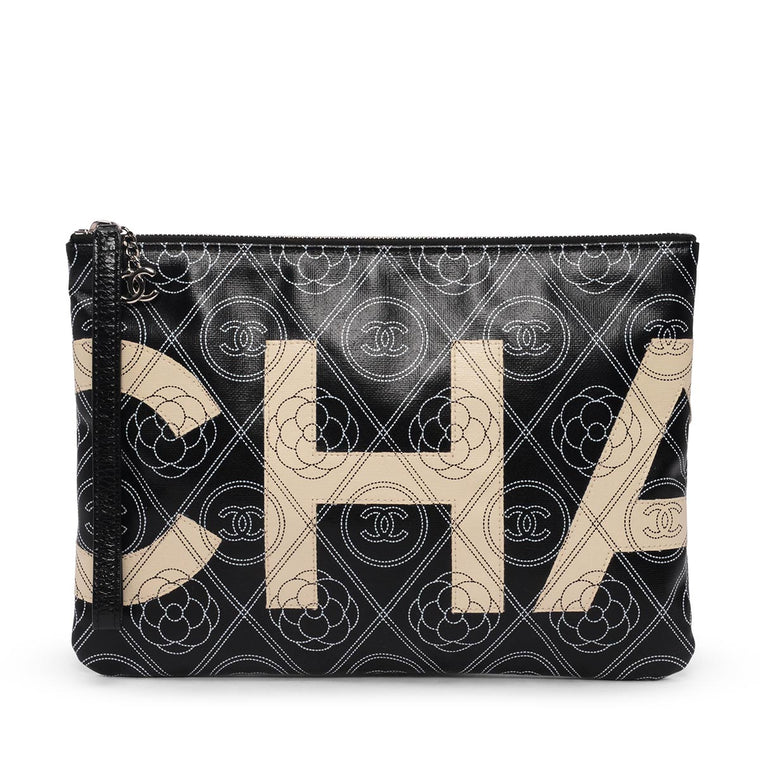Chanel Black & White Coated Canvas Camellia Logo Pouch