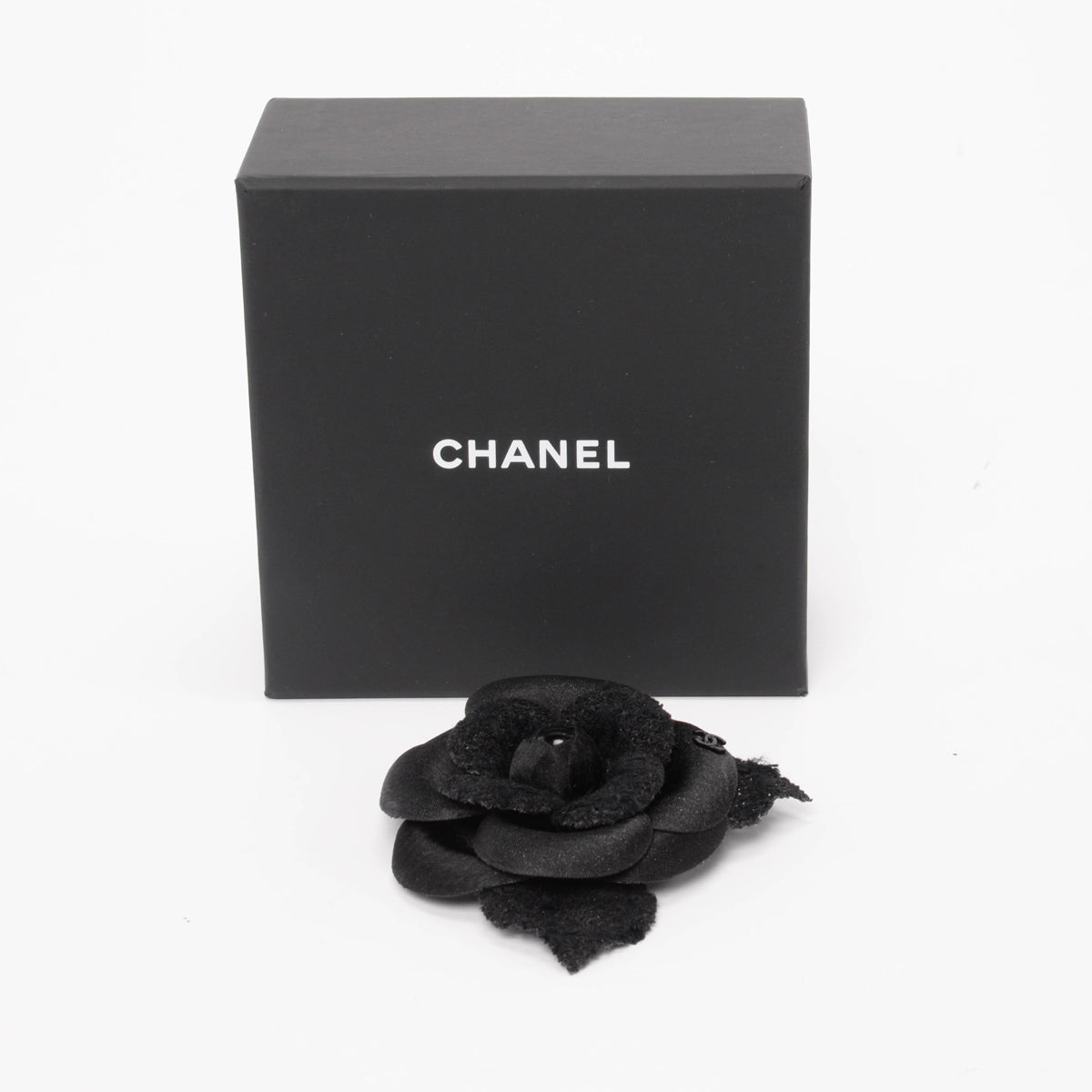 Chanel Black Satin & Tweed Camellia Brooch