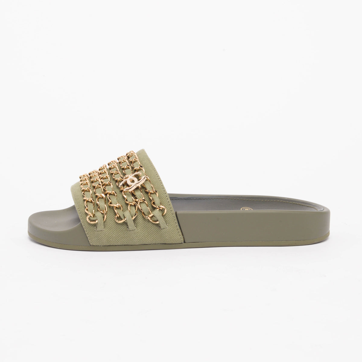 Chanel Khaki Canvas Chain Trim Slides 36