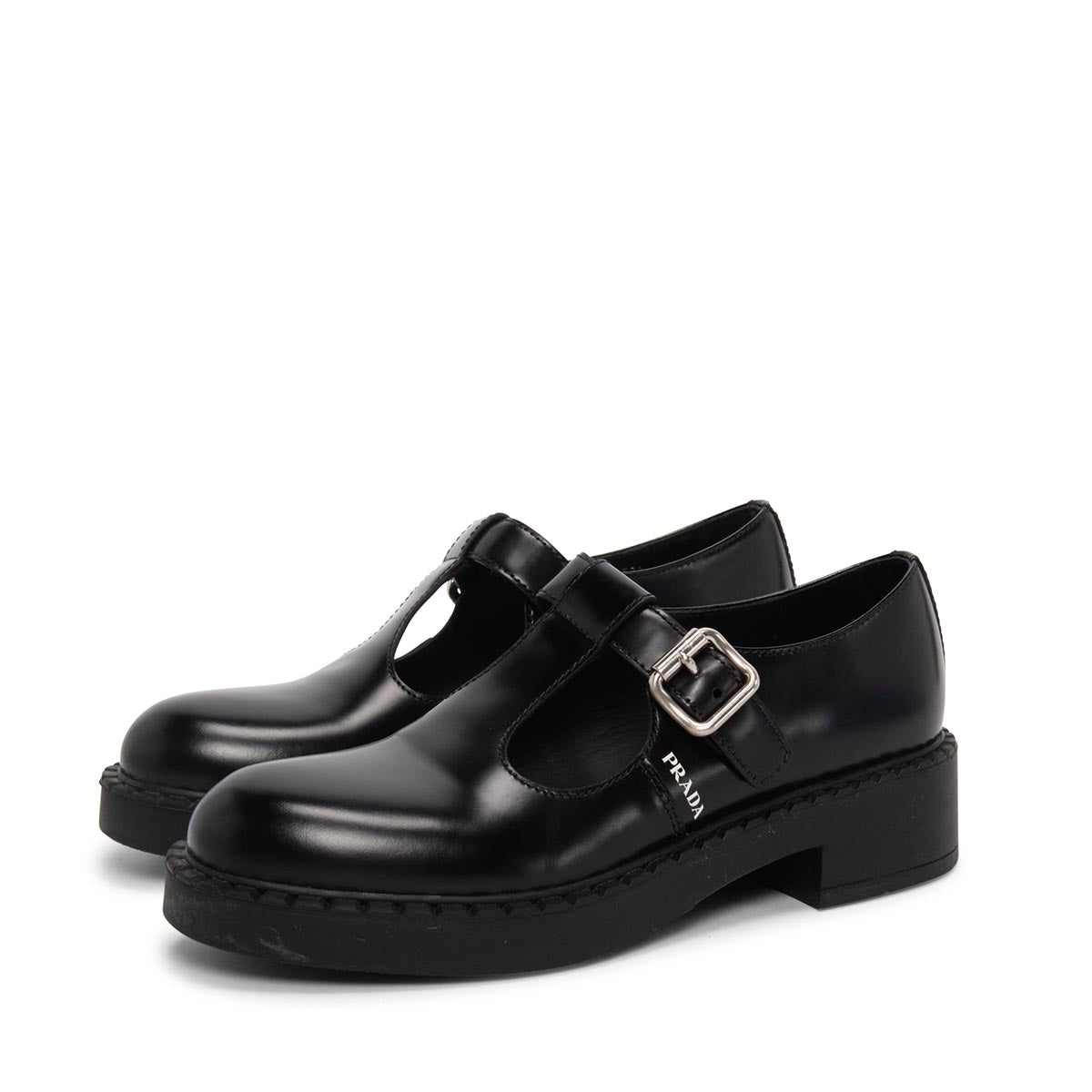 Prada Black Leather Mary Jane T-Strap Shoes 37.5