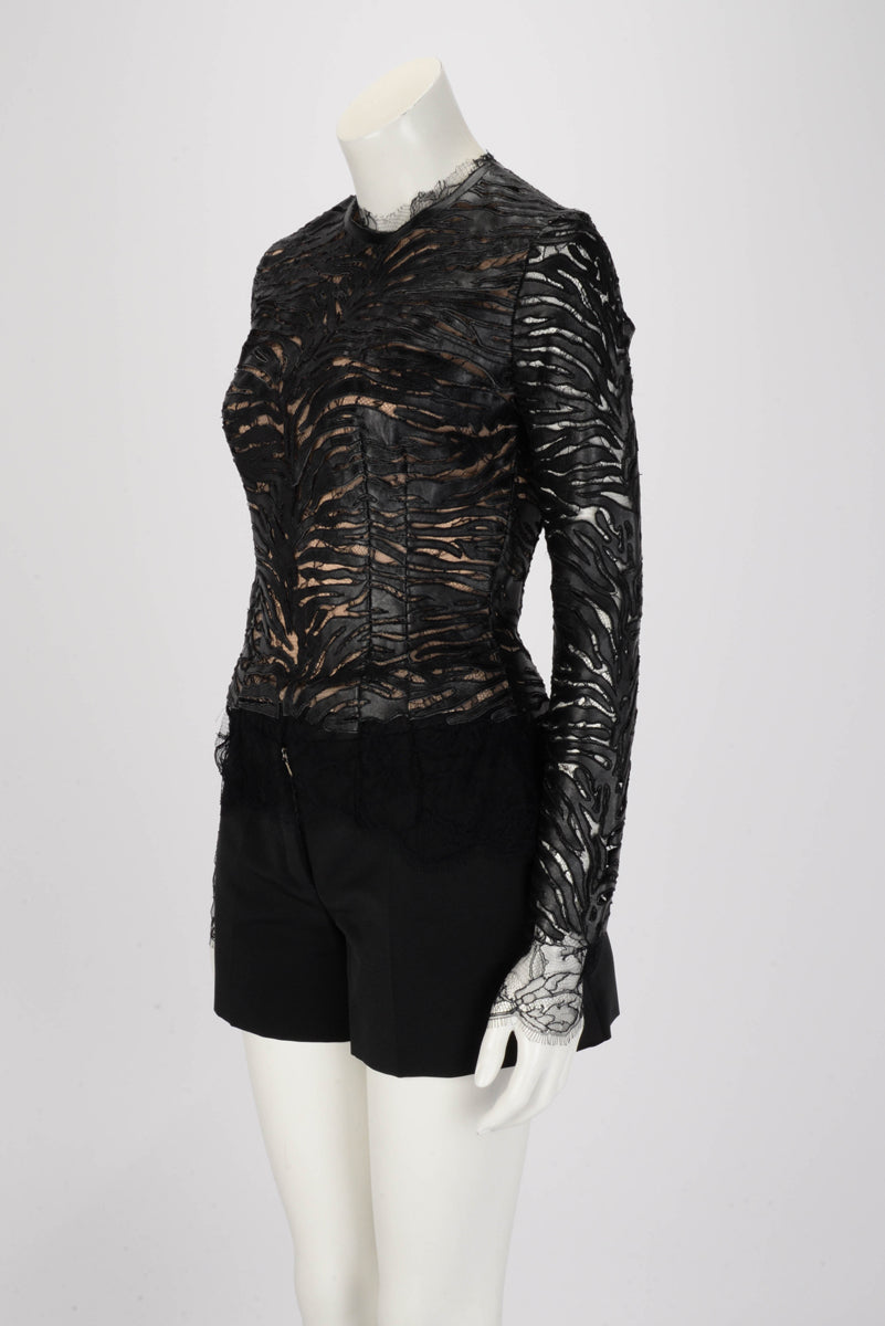 Alexandre Vauthier Black Lambskin & Lace Long Sleeve Top FR 36