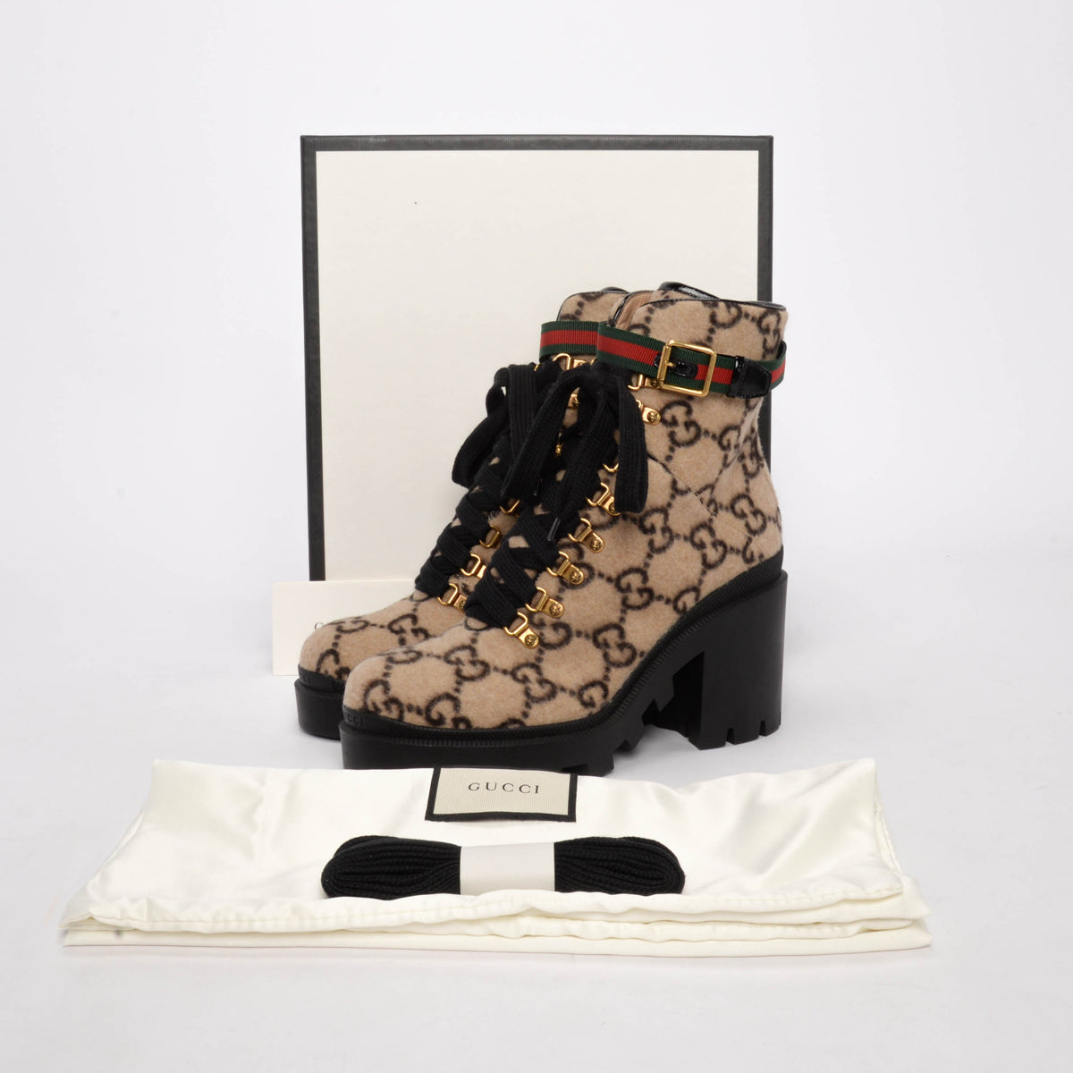 Gucci Beige Wool GG Lace Up Combat Boots 41