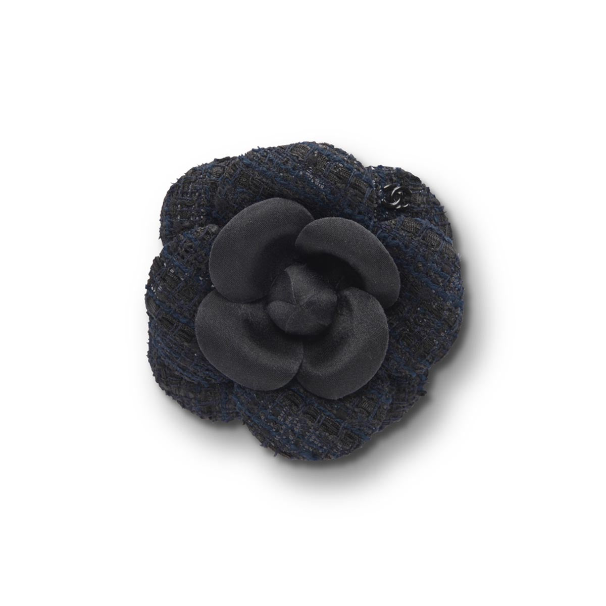 Chanel Navy & Black Tweed Camellia Brooch