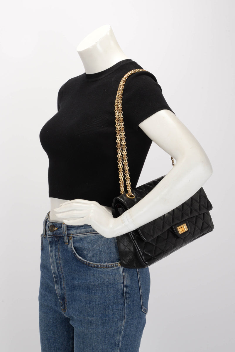 Chanel Black Distressed Calfskin 2.55 Reissue 227 Flap Bag