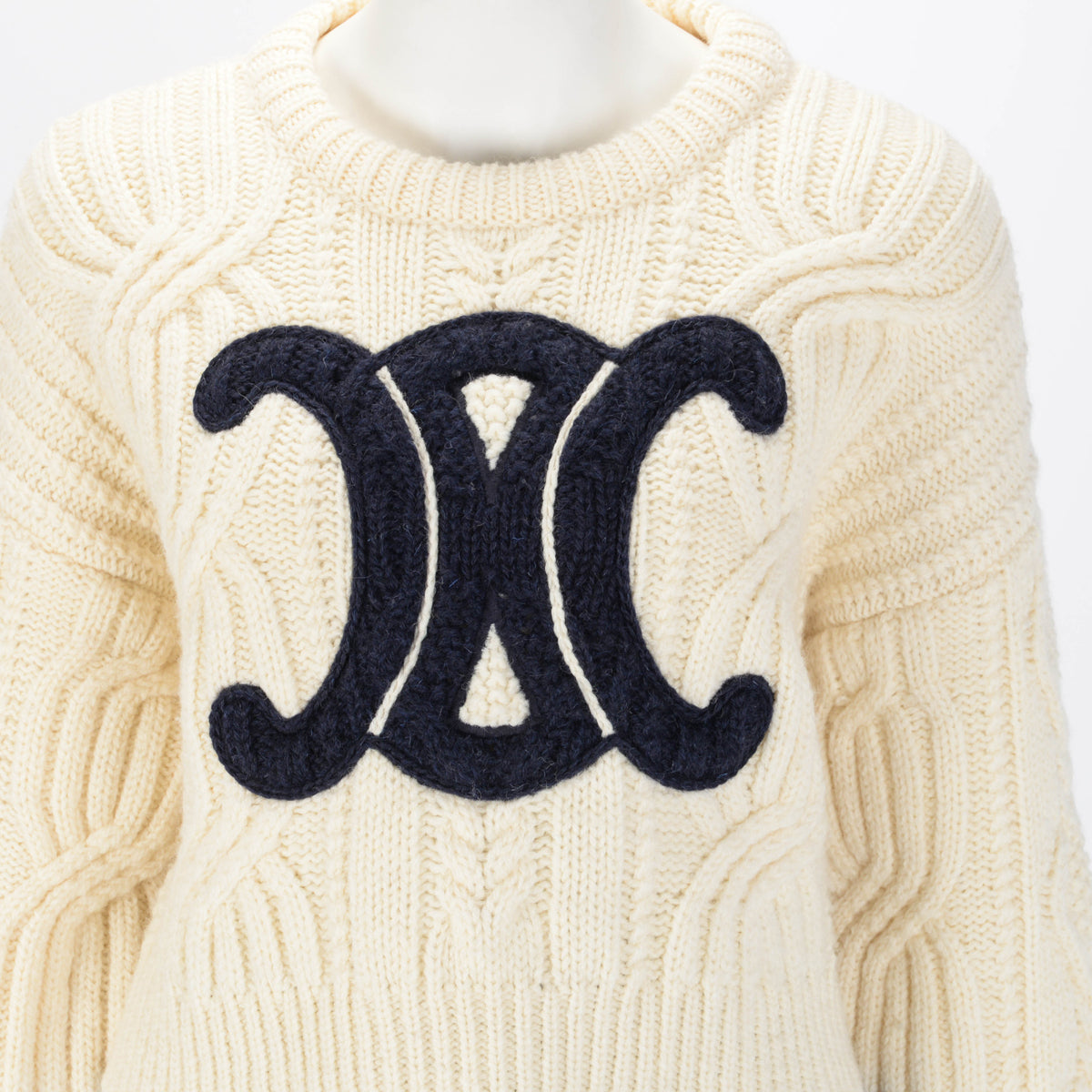 Celine Ecru Cable Knit Triomphe Cropped Sweater M