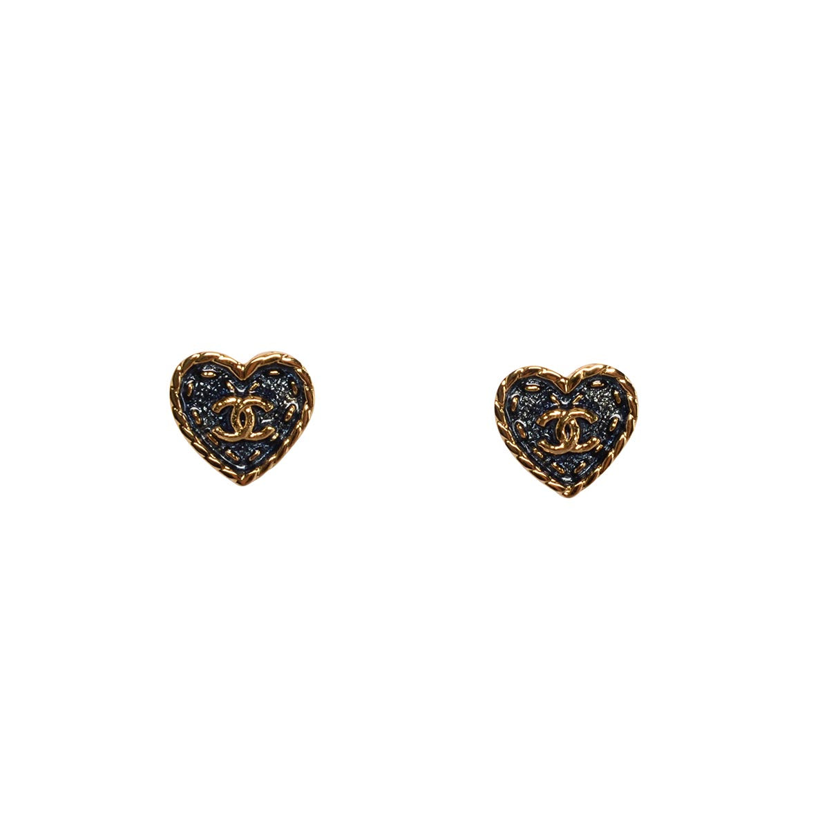 Chanel Gold Denim CC Heart Earrings