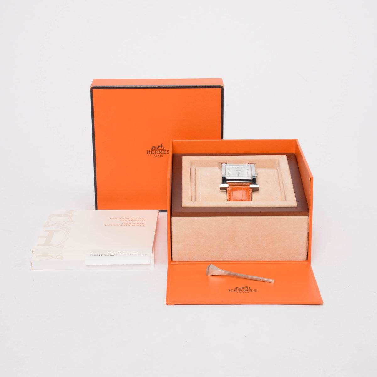 Hermes Orange Stainless Steel Diamond MOP Heure H TGM Watch